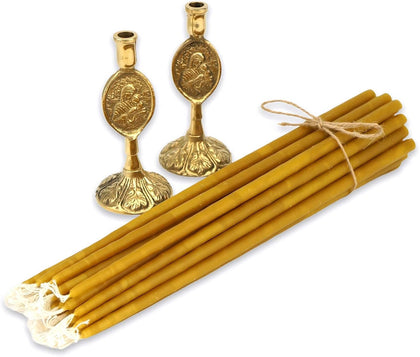 Set of 2 Theotokos Design Brass Candle Holders and 20 Pure Beeswax Church Candles, Orthodox Tapers, Home Altar