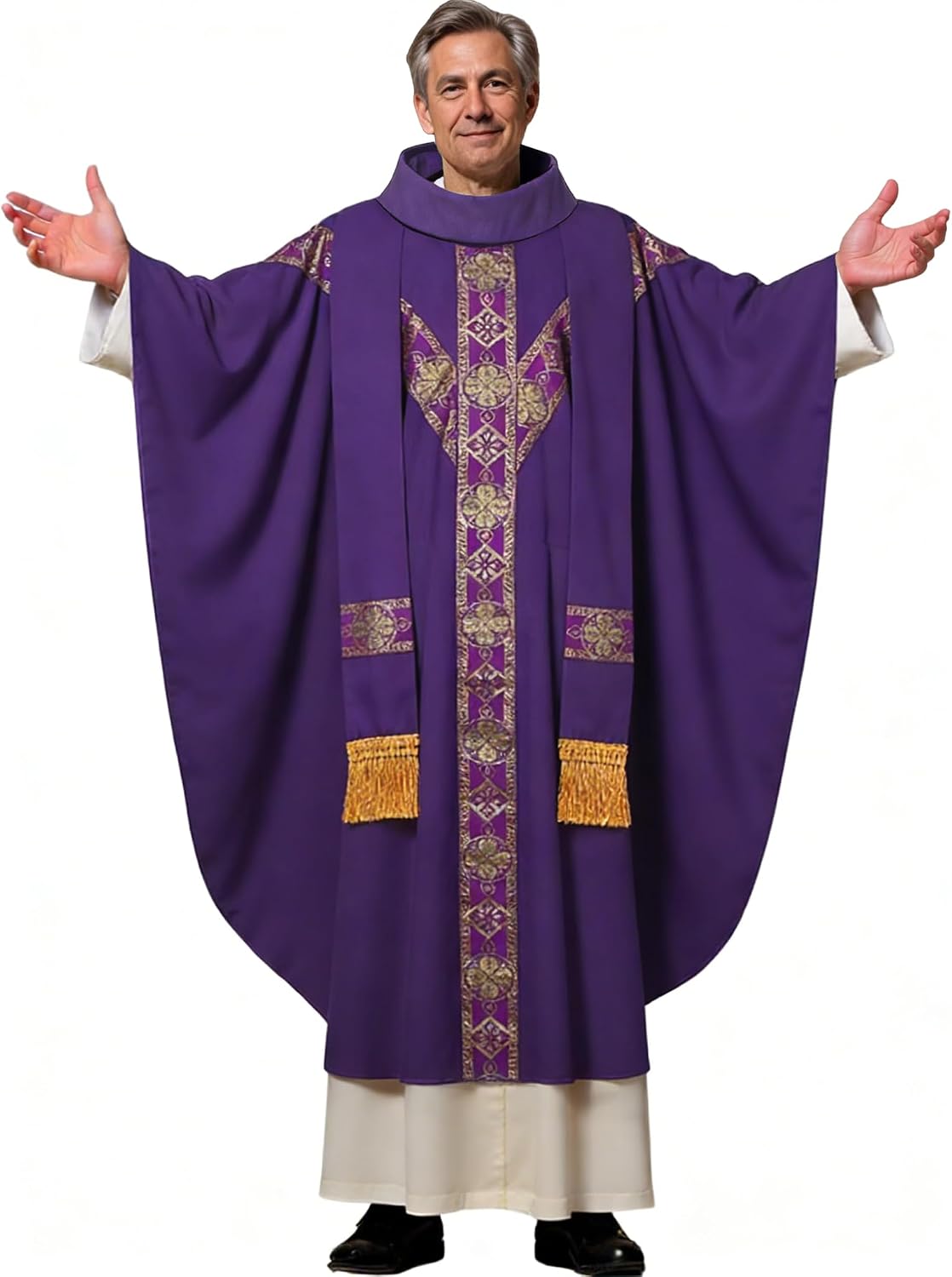 Clergy Elegance Church Vestments for Catholic Priests Chasuble Mass Apparel and Round Collar Robe With Pastor Stole