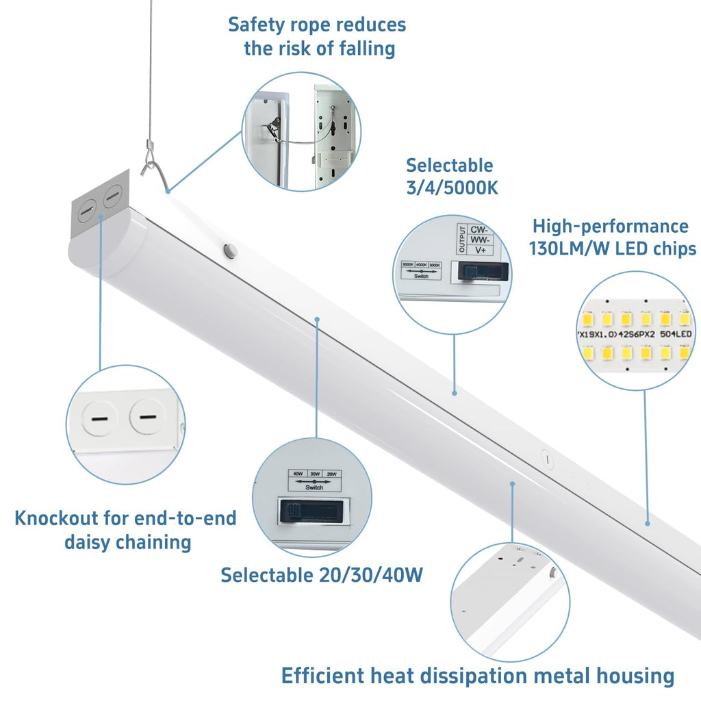 LED Linear Light Fixtures 4FT, 40/30/20W, 3CCT Selectable, 4Pack