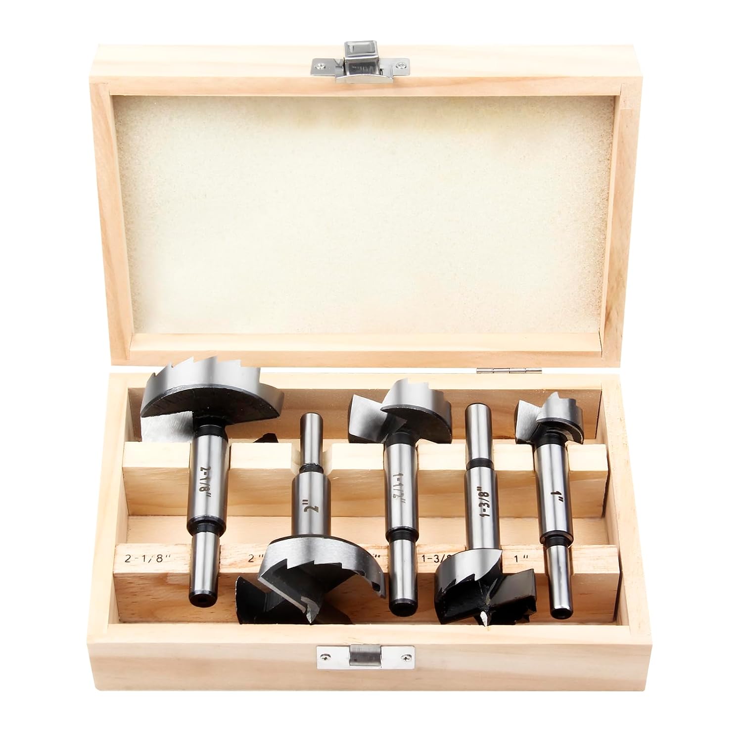 Forstner Bit Set 5Pcs - Forstner Bits for Wood, Wood Drilling with Round Shank, Drill Accessories, Size 1", 1-3/8"