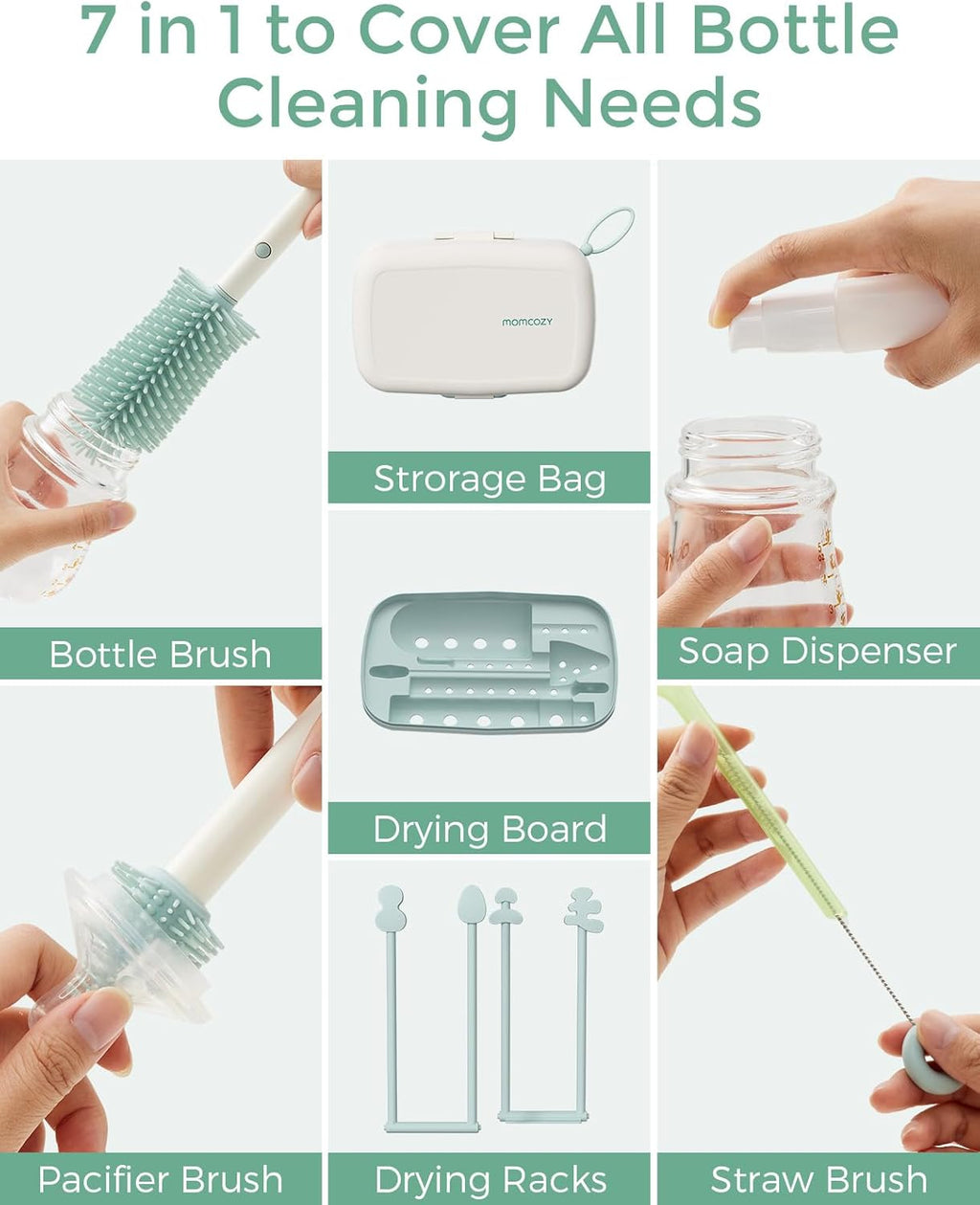 Bottle Brush Set - Baby Bottle Cleaner Kit with Silicone Brush, Nipple Brush, Straw Brush, Soap Dispenser, Drying
