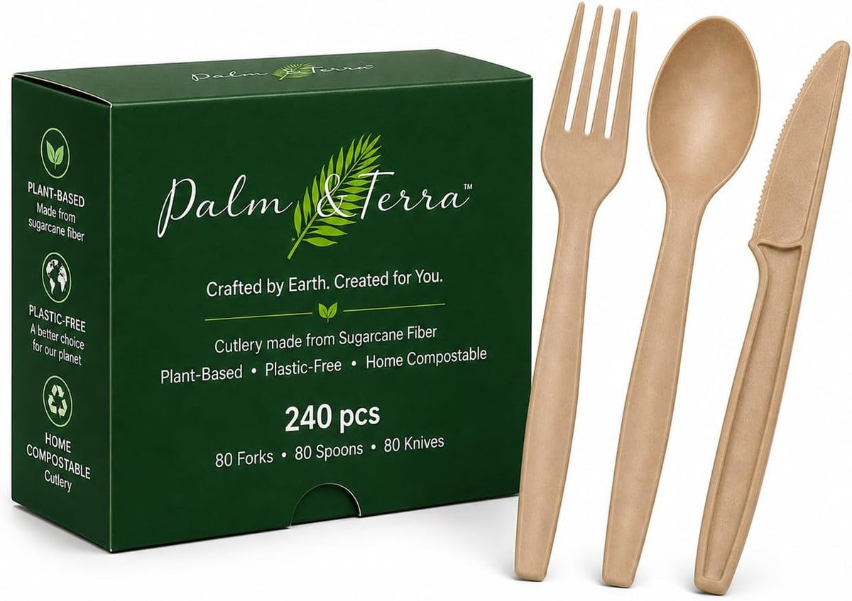 Sugarcane Disposable Cutlery Set, 240pc, Forks, Spoons, Knives
