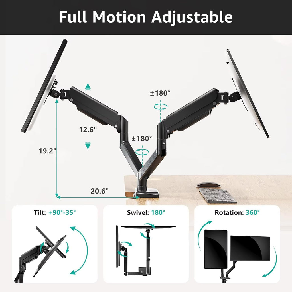 Dual Monitor Arm Desk Mount – Adjustable Gas Spring Monitor Stand for 13”–34” Screens, Full Motion Swivel, Tilt &