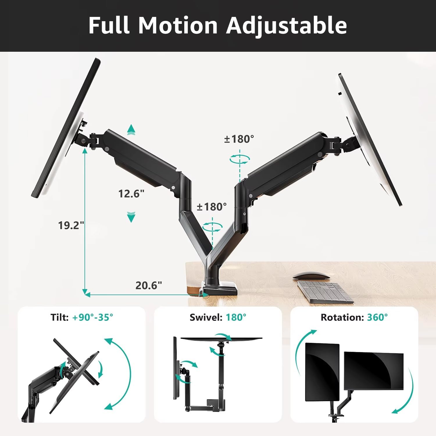 Dual Monitor Arm Desk Mount – Adjustable Gas Spring Monitor Stand for 13”–34” Screens, Full Motion Swivel, Tilt &