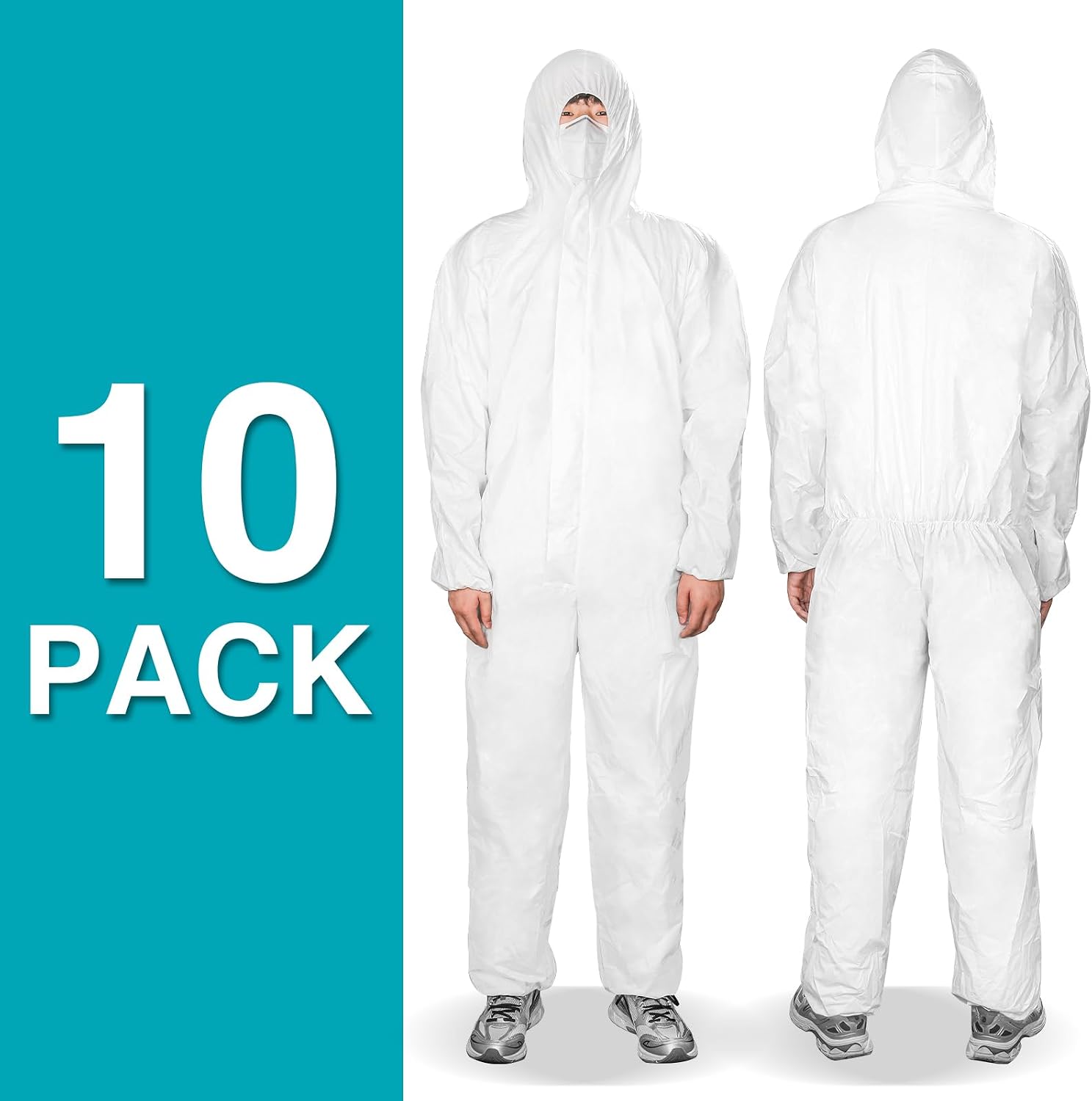 Hazmat Suits 1/10 Pack Disposable Coveralls, with Elastic Wrists, Ankles and Hood, Available in 4 sizes