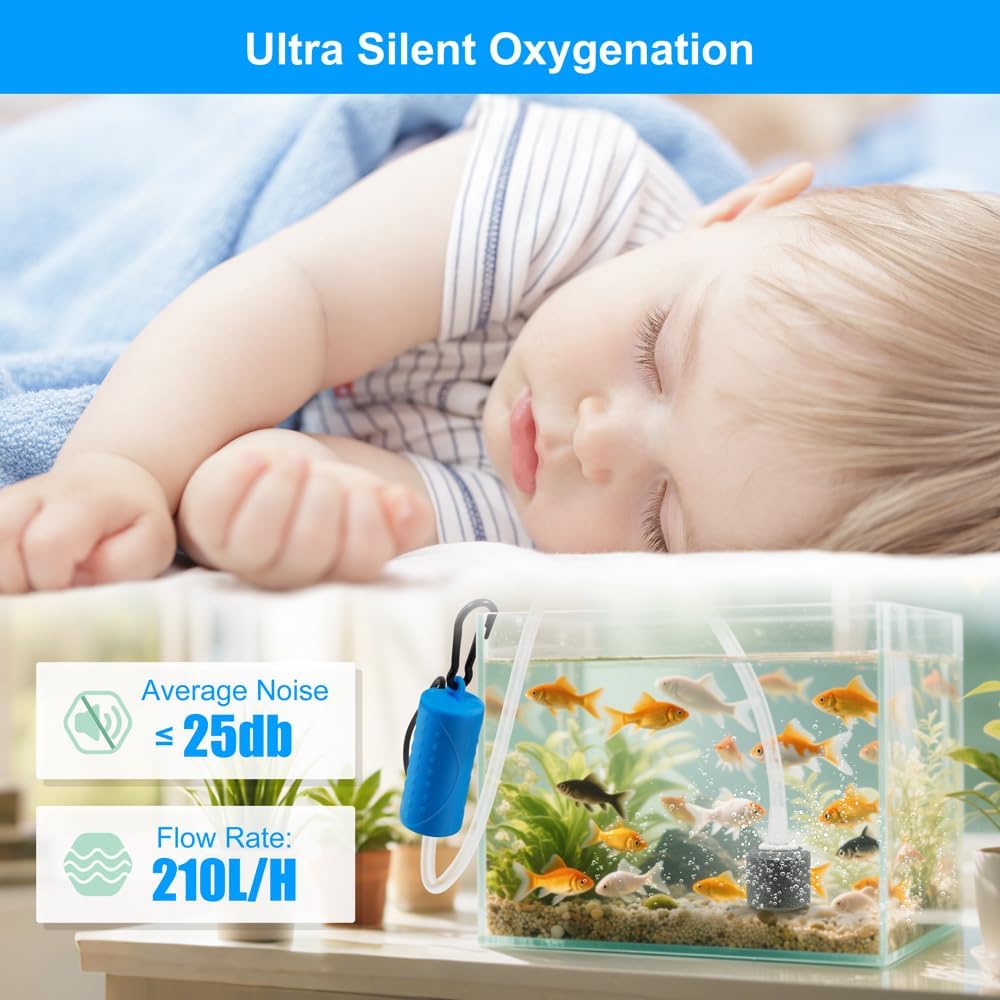 USB Mini Aquarium Air Pump Ultra Quiet Fish Tank Air Pump with Black Hanging Clasp Portable Aquarium Oxygen Aerator