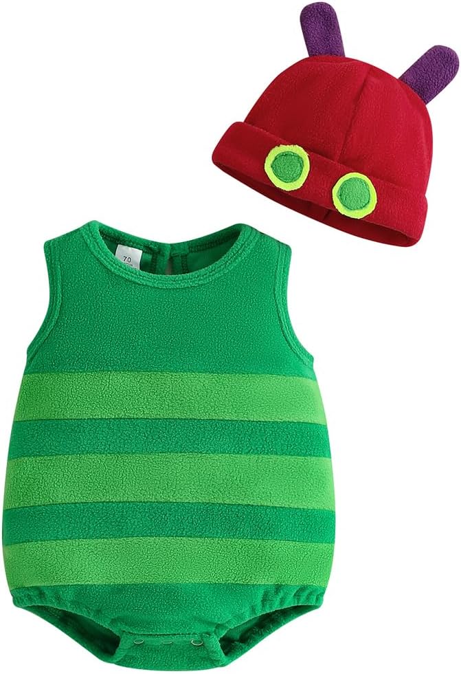 Infant Baby Boys Girls Halloween Hungry Caterpillar Costume Sleeveless Striped Fleece Bodysuit and Hat Outfit Set