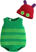 Infant Baby Boys Girls Halloween Hungry Caterpillar Costume Sleeveless Striped Fleece Bodysuit and Hat Outfit Set