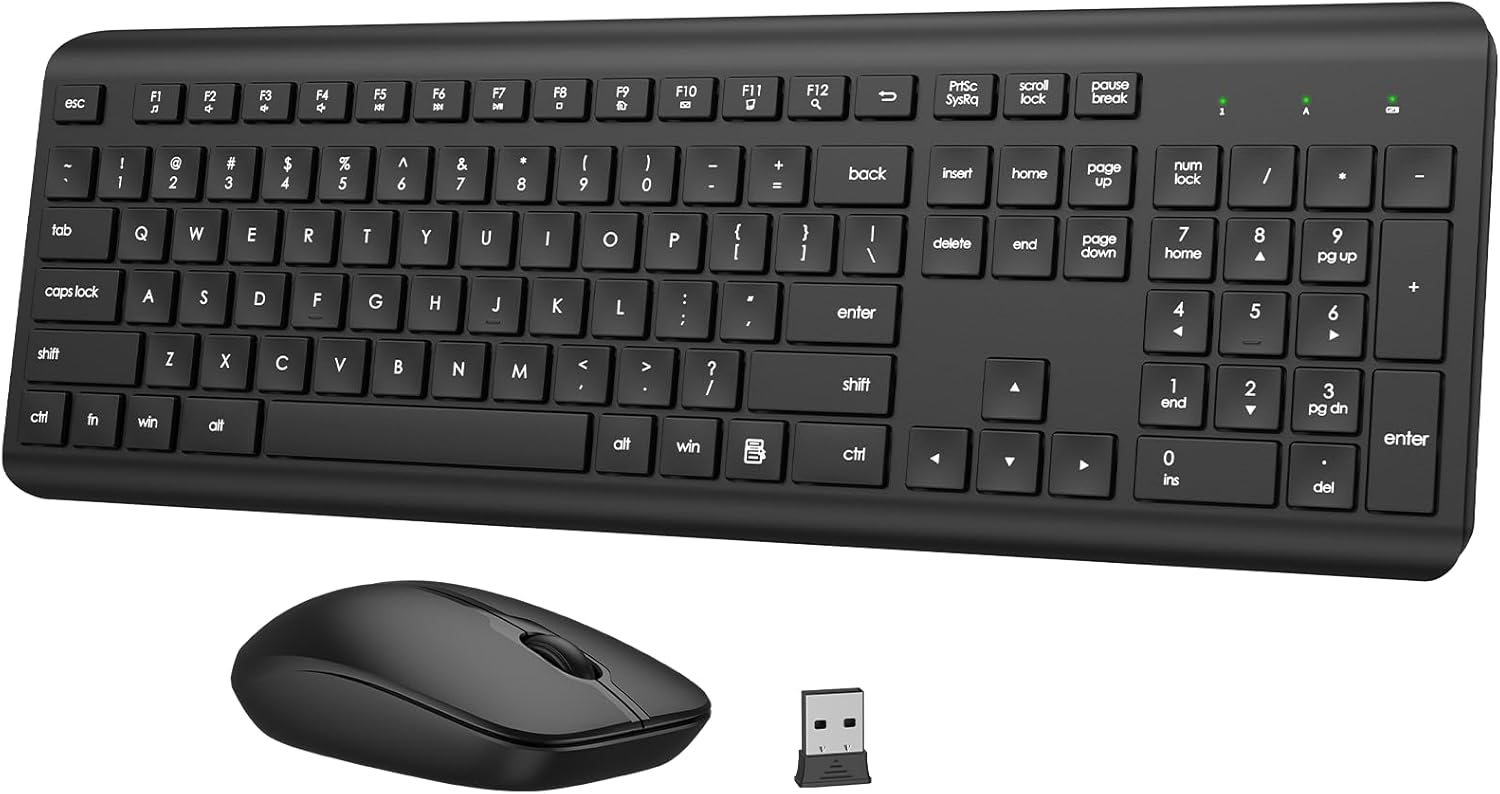 Wireless Keyboard and Mouse Combo, Full-Size Silent Ergonomic Keyboard and Optical Mouse, Long Battery Life, 2.4GHz