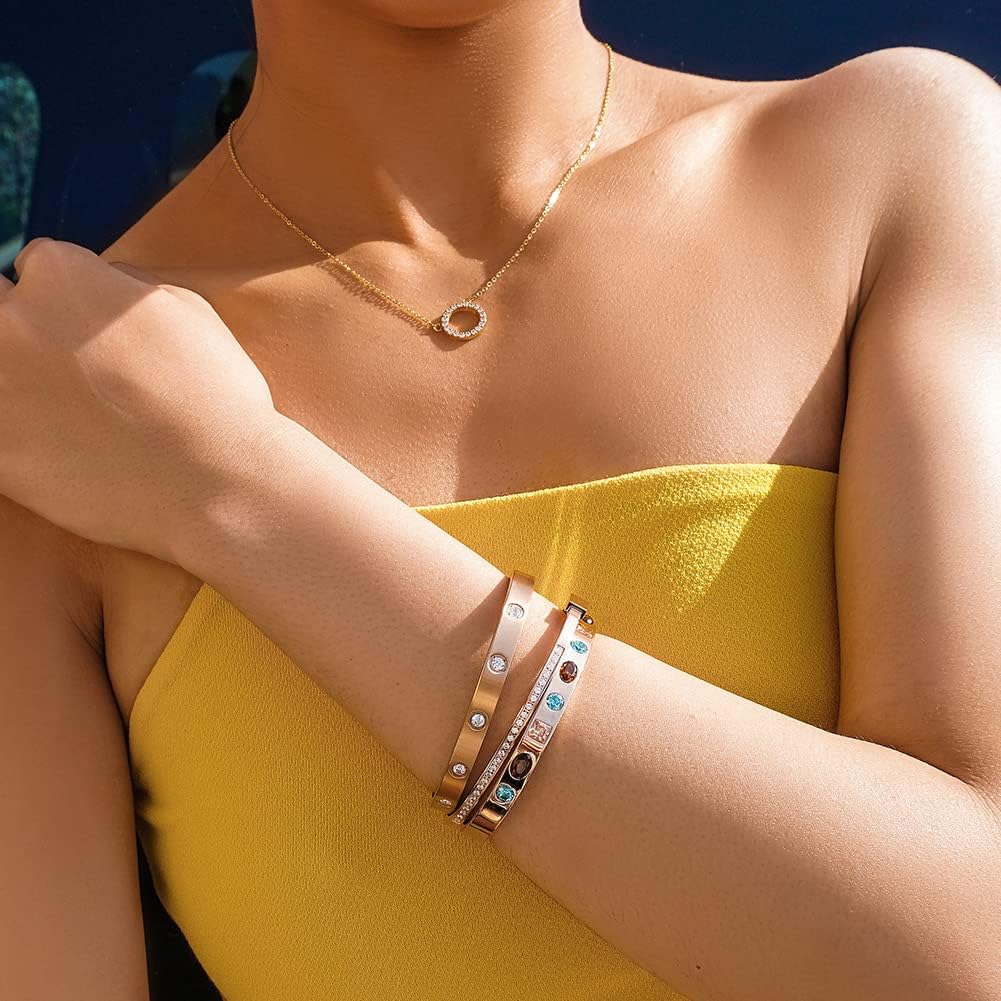 14K Gold Filled Bangle Bracelets for Women with Cubic Zirconia, 6.5"-7.5" Inner Circ. Stainless Steel Cuff Bracelet