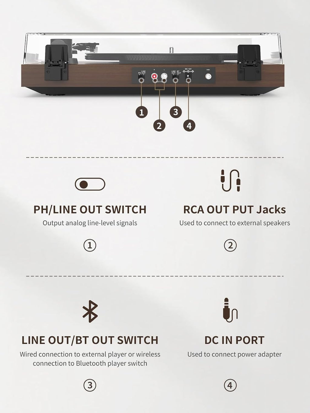 Vinyl Record Player Belt Drive 2-Speed Playback Turntable Bluetooth Wireless Output Connectivity Record Player with
