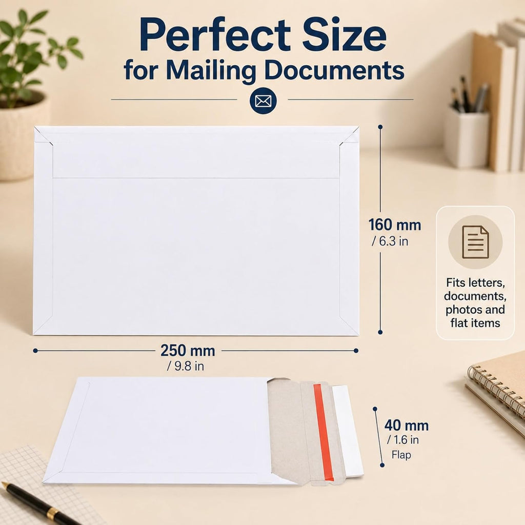 100PCS Stay Flat Mailers, 6x10 Inch Rigid Mailers Cardboard Envelopes, Self-Seal Mailers, White Rigid Shipping