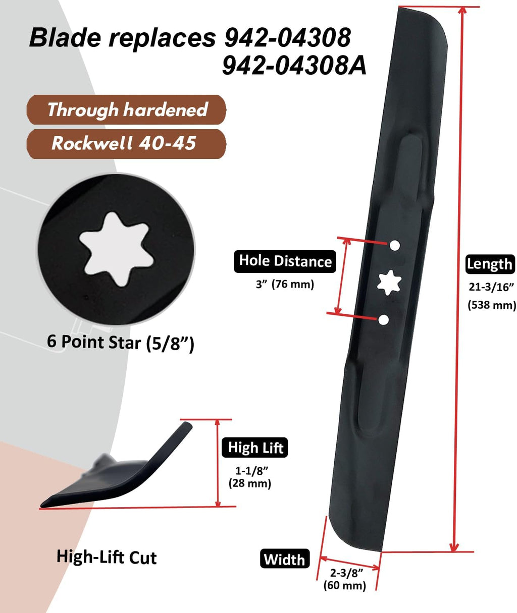 942-04308 942-04308A Mower Blades -2 Blades- High Lift fits for Troy BIlt Bronco Mustang Cub Cade RZT MTD Craftsman with 42" Cutting Deck Replaces 742-04308 742-04312
