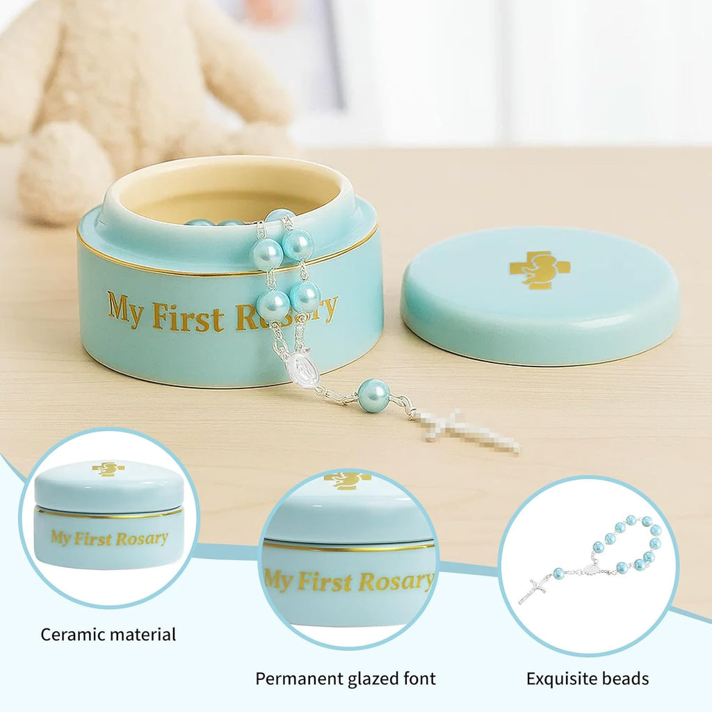 My First Rosary, Baptism Rosary for Boys and Ceramic Keepsake Box