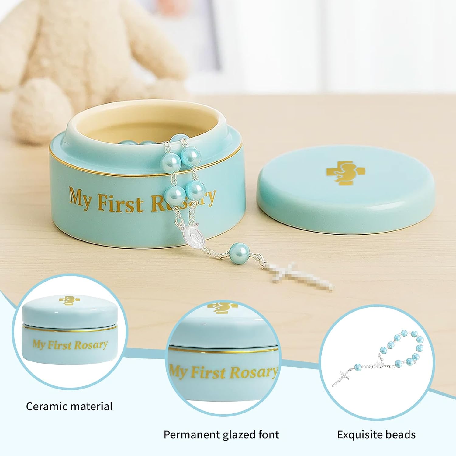 My First Rosary, Baptism Rosary for Boys and Ceramic Keepsake Box