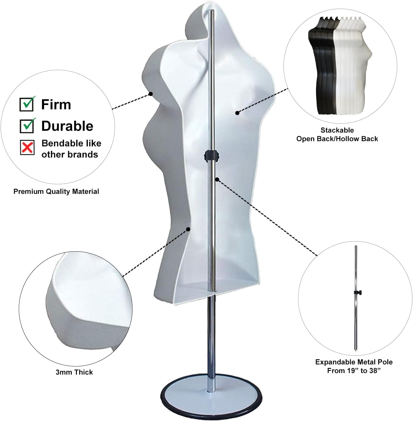 Female Mannequin Torso with Metal Stand Hollow Back Body Stackable Dress Form for Tshirt Display, Countertop, Craft