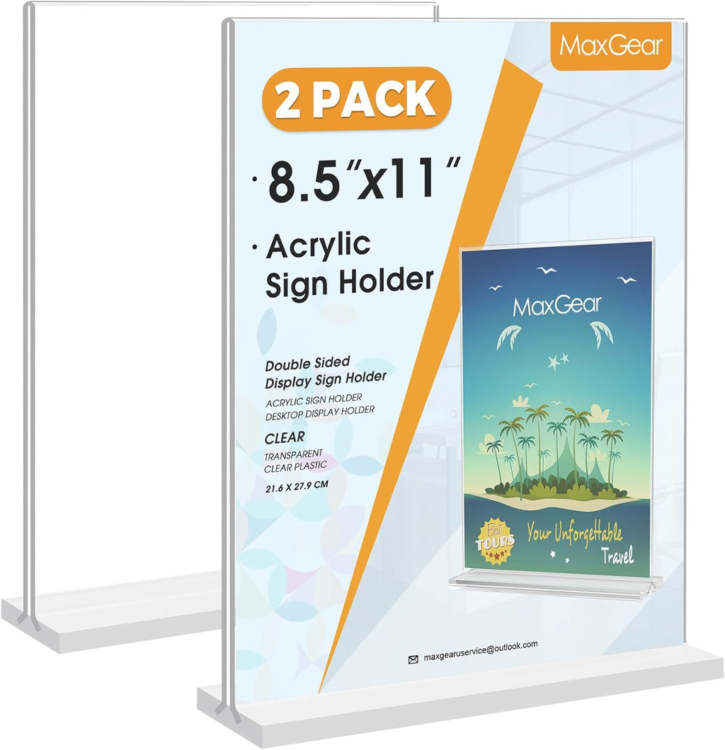 Acrylic Sign Holder 8.5" x 11" Double Sided Display Stand, 2 Pack | Clear Acrylic, Double-Sided Display, Stable