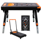 8-in-1 Portable Folding Work Table with US Standard Socket, Multifunctional Heavy Duty Workbench with Wheels