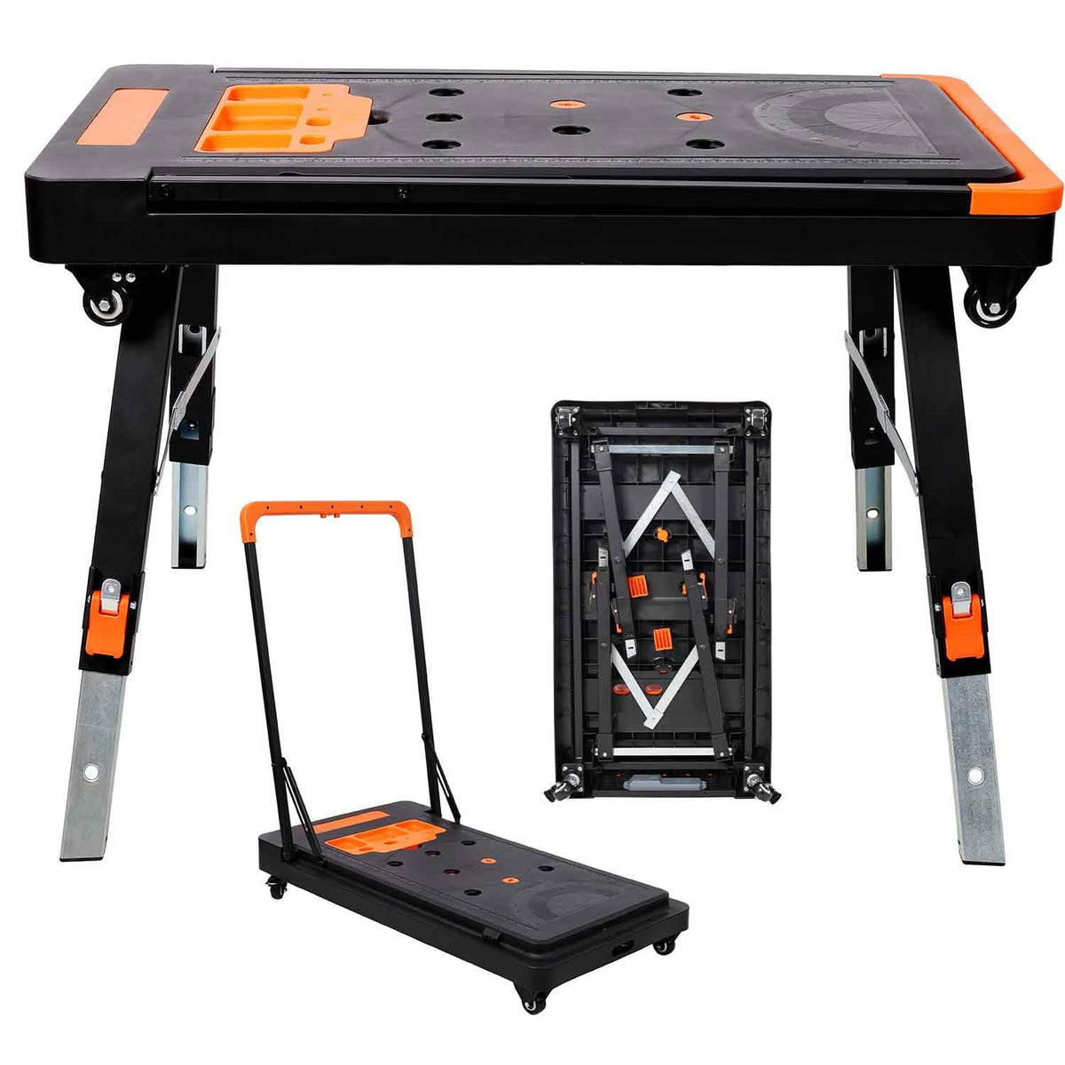 8-in-1 Portable Folding Work Table with US Standard Socket, Multifunctional Heavy Duty Workbench with Wheels