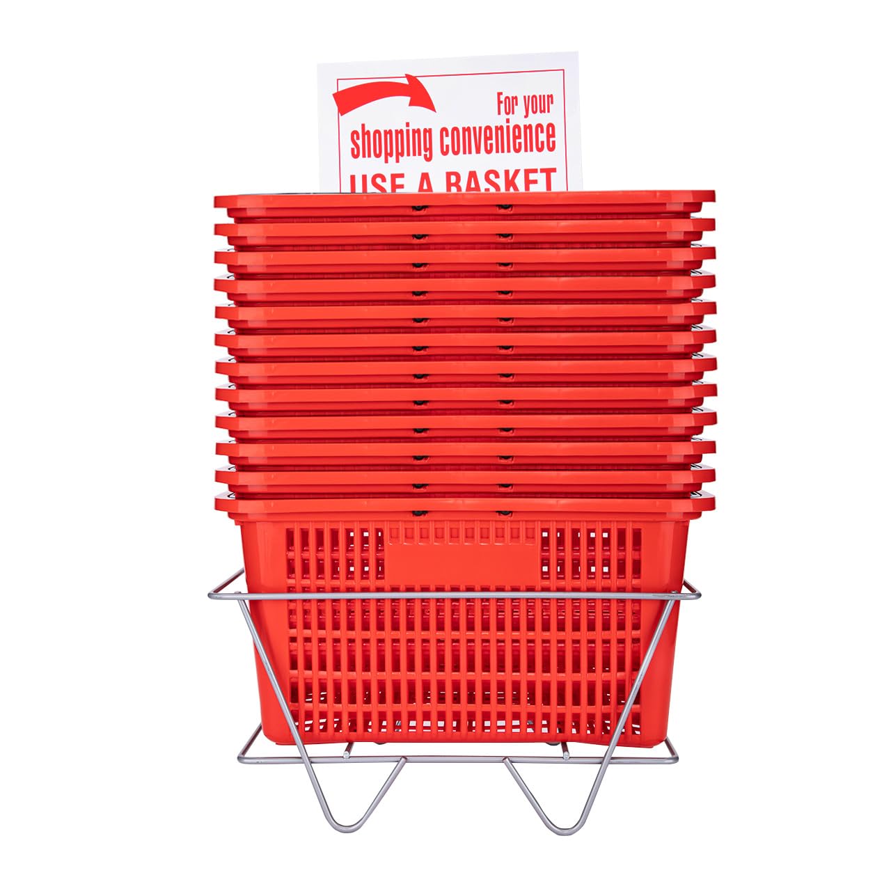 Red Shopping Baskets With Stand - Set of 12 - Basket Dimension 8-1/2"H x 12"W x 17"L - Perfect for Retail, Thrift