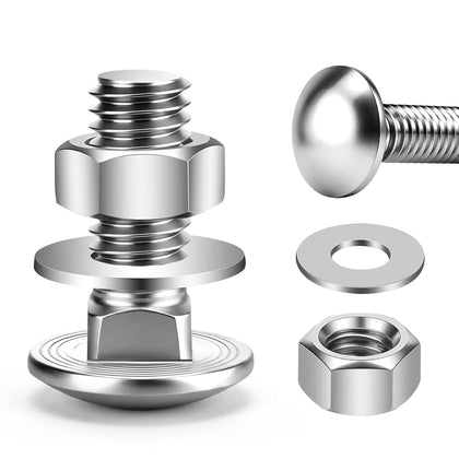1/4-20 x 1 Carriage Bolt Kit, Carriage Bolts with Nuts and Washers, Round Head Square Neck, 304 Stainless Steel, Full