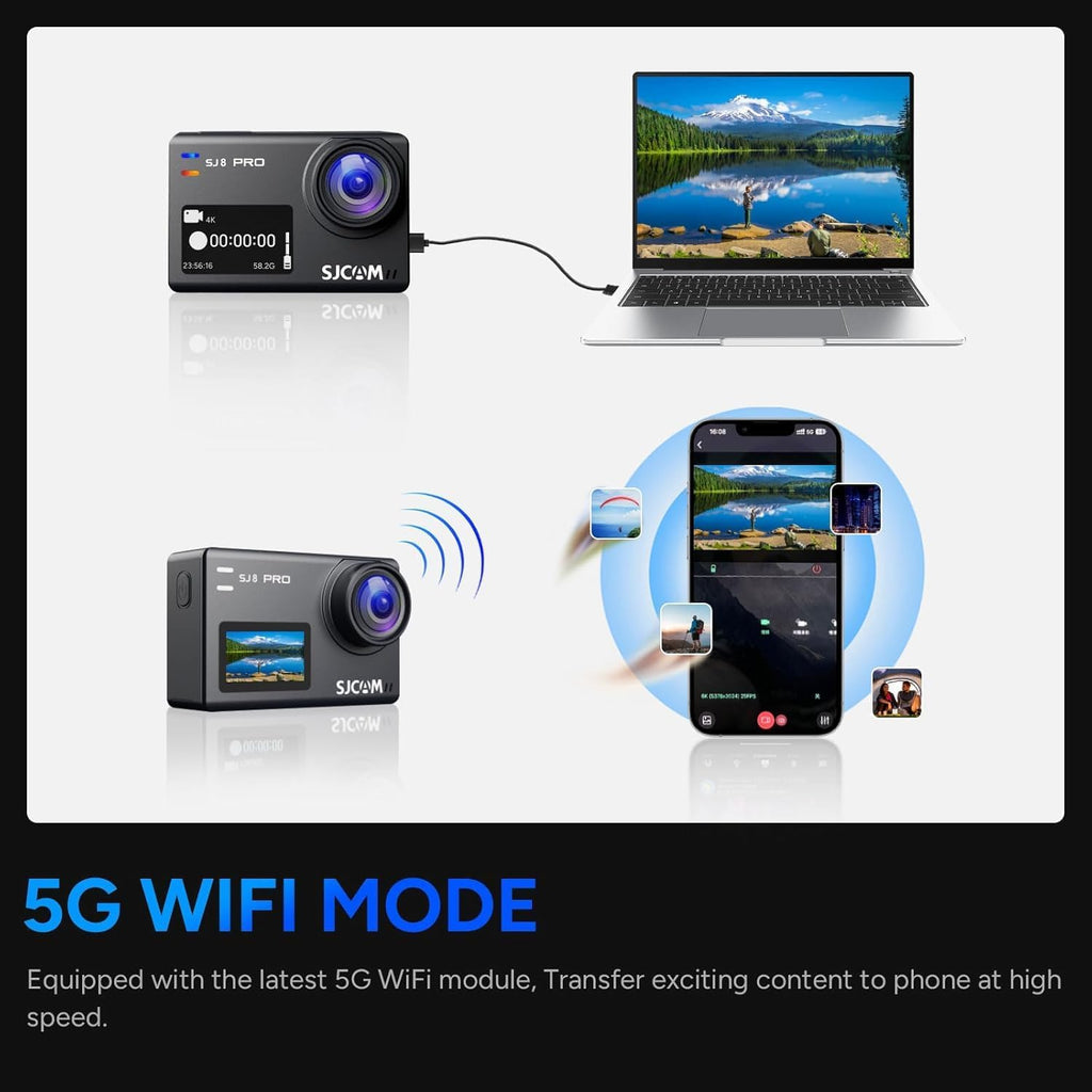 SJ8 Pro 4K UHD Action Camera | Touchscreen Gyro Stabilization Cam with Dual Screens Waterproof Case External Mic