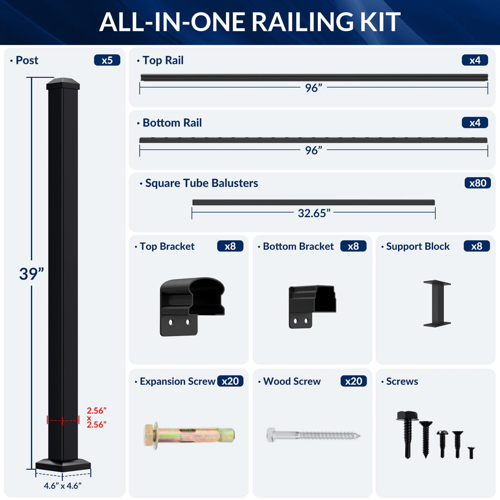 36in x 32ft Modular Aluminum Porch and Deck Railing Kit with 5 Post