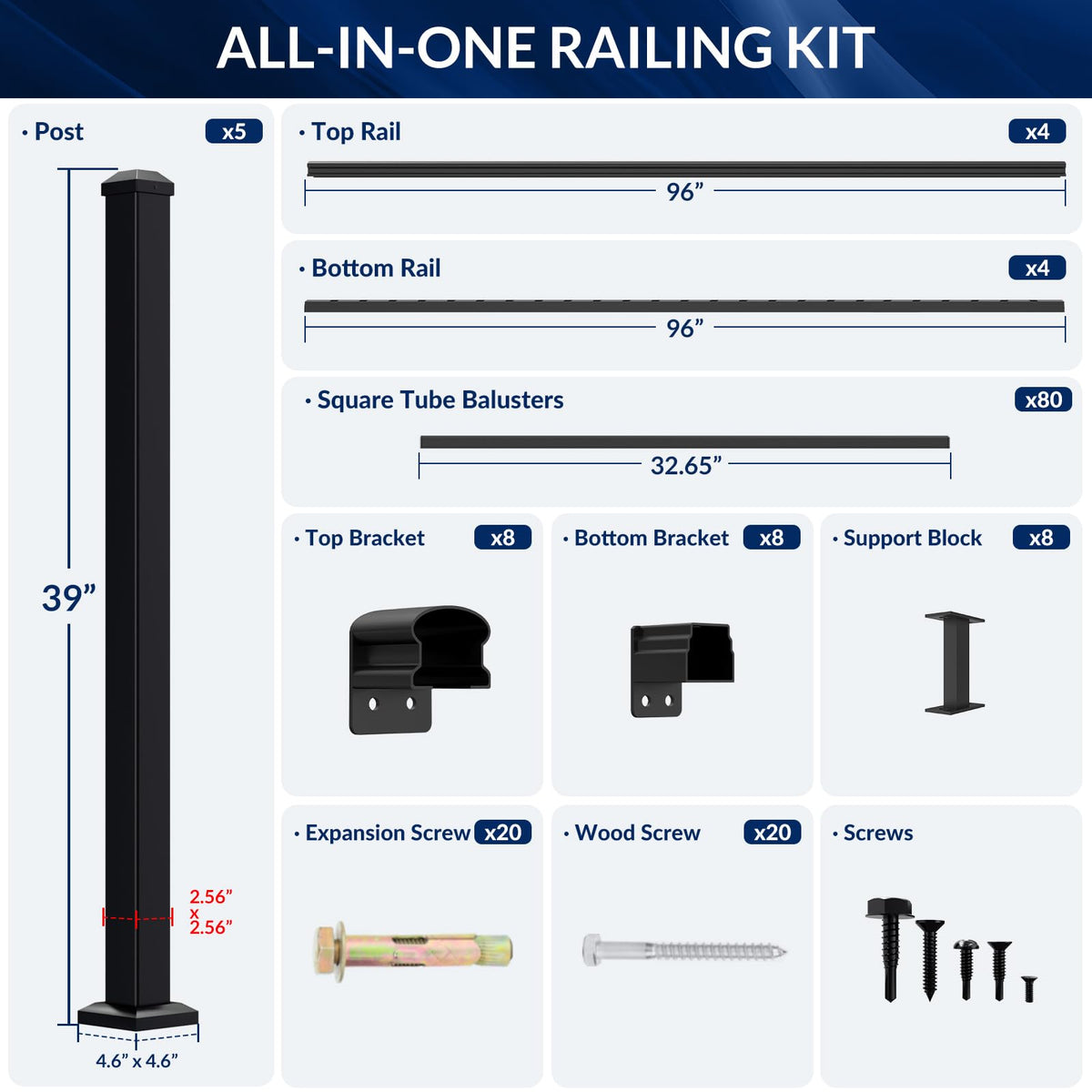 36in x 32ft Modular Aluminum Porch and Deck Railing Kit with 5 Post