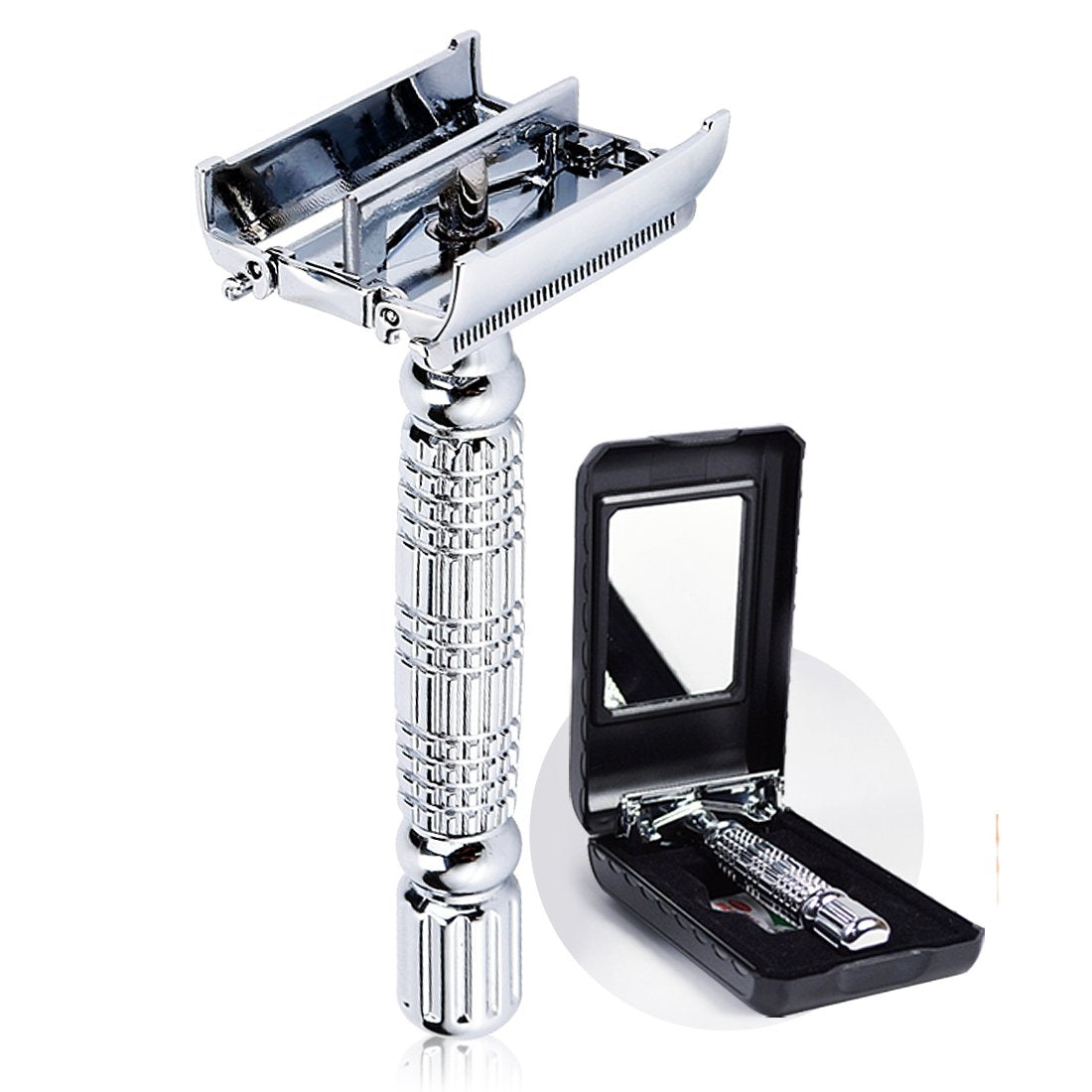 Butterfly Open TTO Double Edge Metal Safety Razor Wet Shaving Kit for Men Women with Platinum Blade and Mirrored