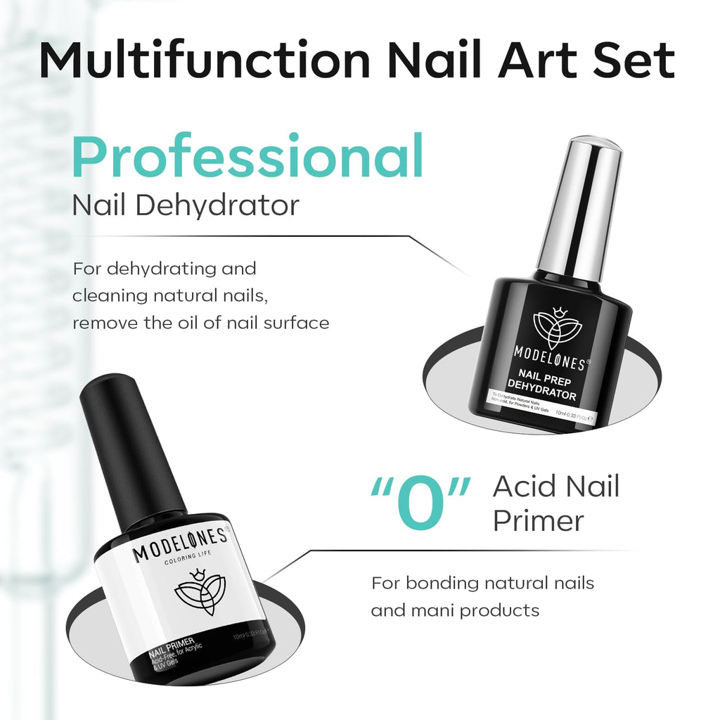 Nail Dehydrator Primer Gel Top Base Coat Set Acid Free | Complete Nail Prep Kit with Adhesion Bonder Glossy Clear Gel