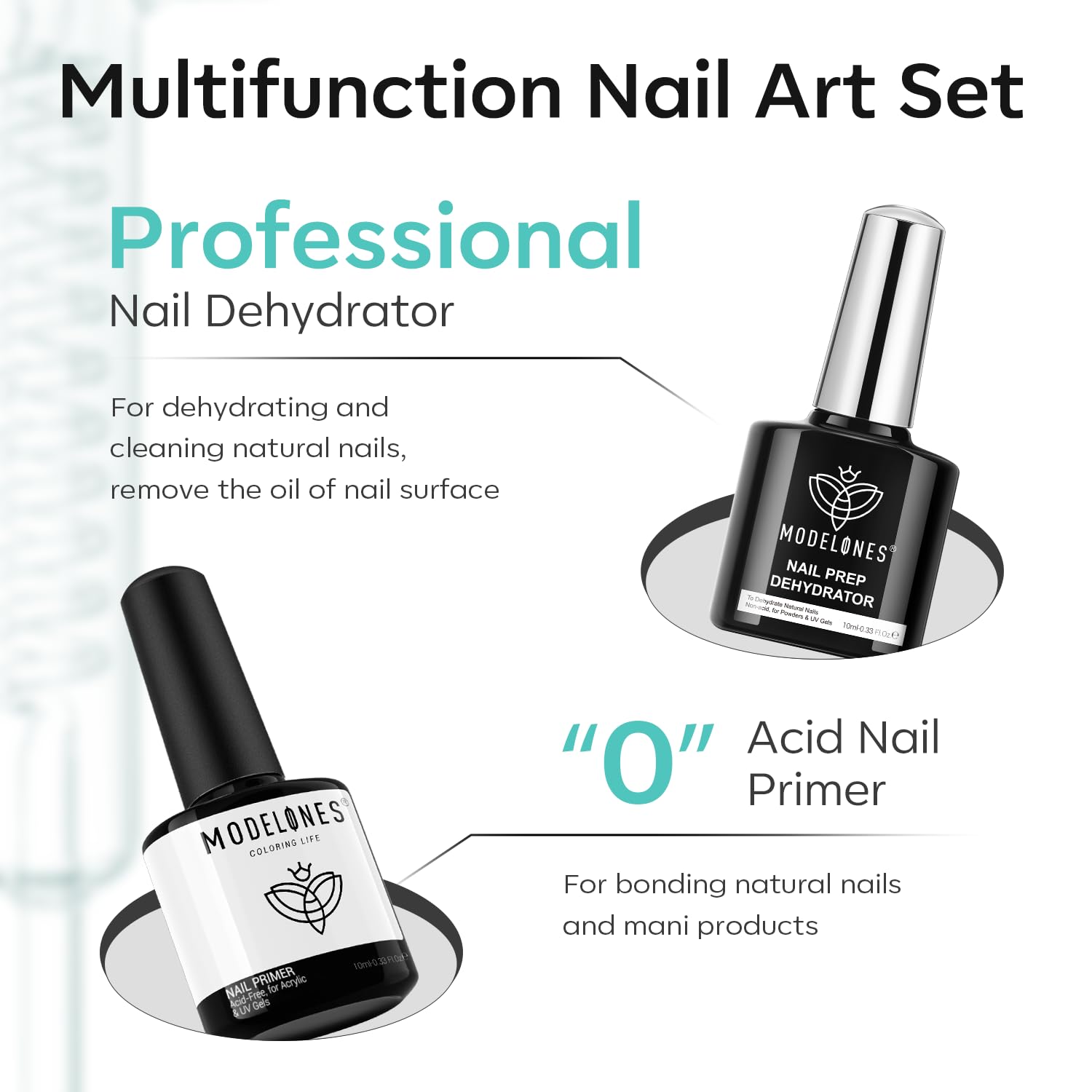 Nail Dehydrator Primer Gel Top Base Coat Set Acid Free | Complete Nail Prep Kit with Adhesion Bonder Glossy Clear Gel