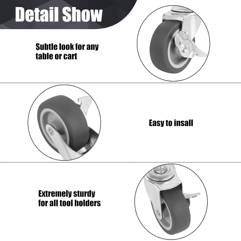 Caster Wheels, 3 Inch Stem Casters Set of 4, Heavy Duty Swivel Wheel with Brake, Metric Size M8-1.25-15 (Screw
