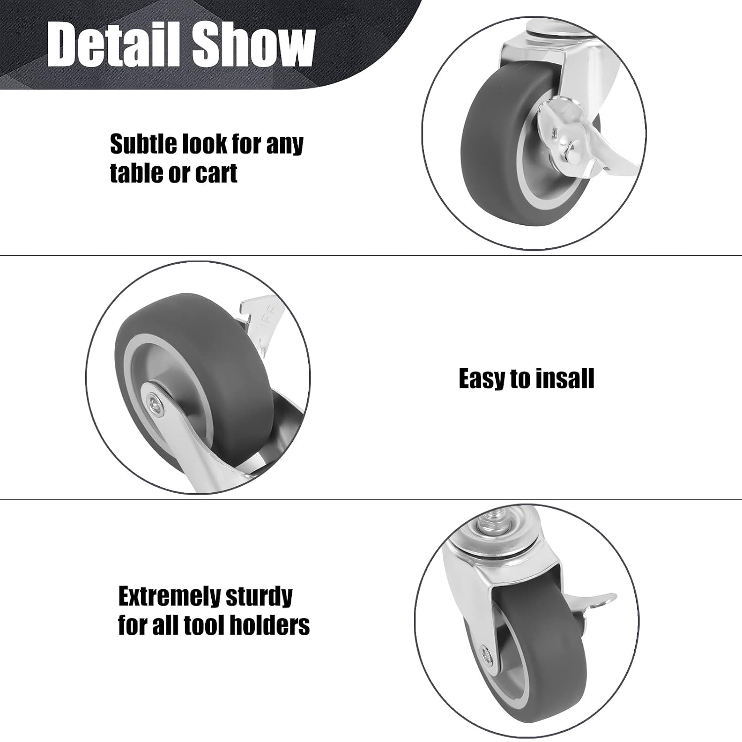 Caster Wheels, 3 Inch Stem Casters Set of 4, Heavy Duty Swivel Wheel with Brake, Metric Size M8-1.25-15 (Screw