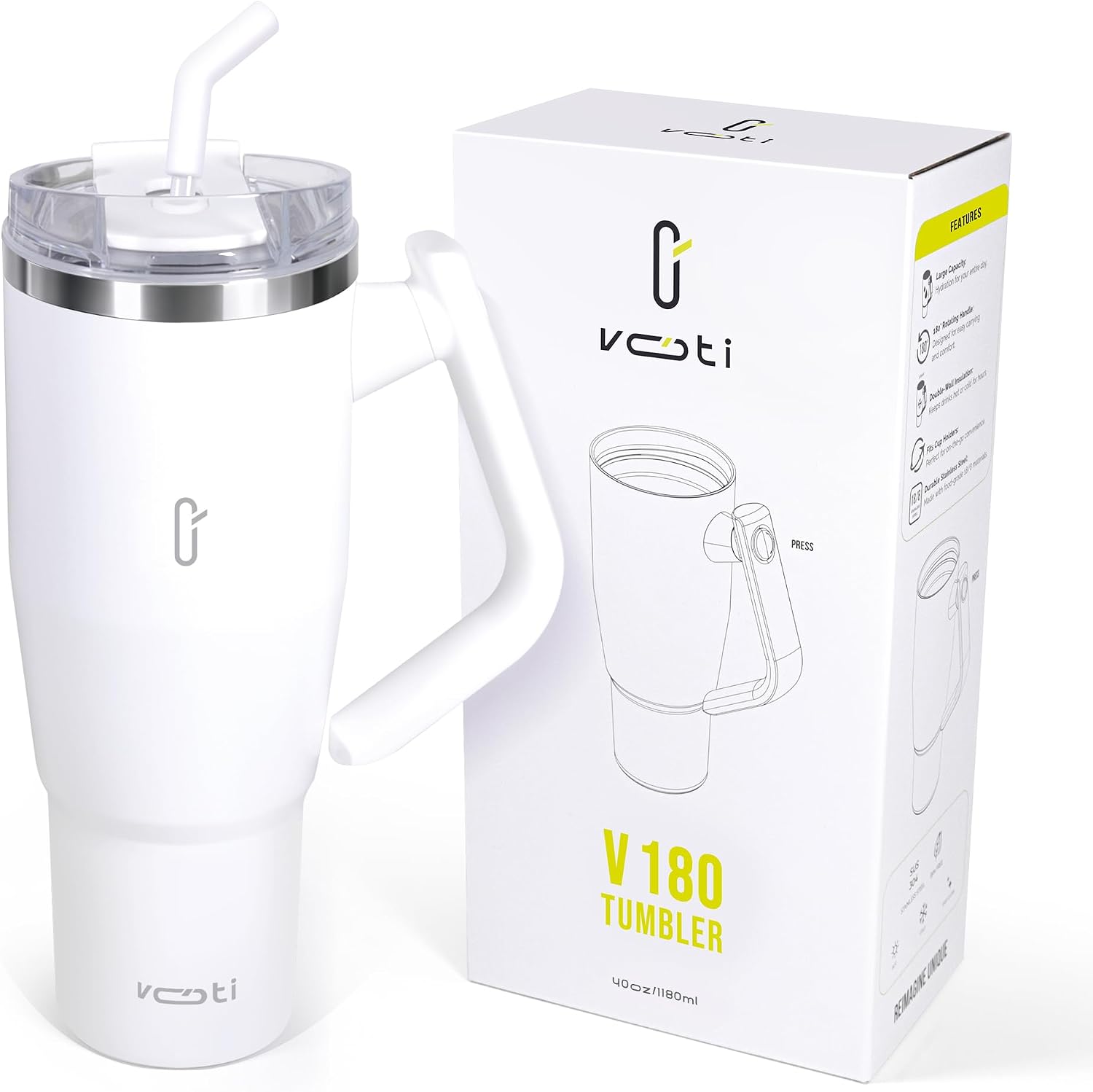 V180 40oz Insulated Tumbler with Lid and Straw, 180° Rotating Tumbler Handle for Easy Grip, Keeps Drinks Hot or Cold