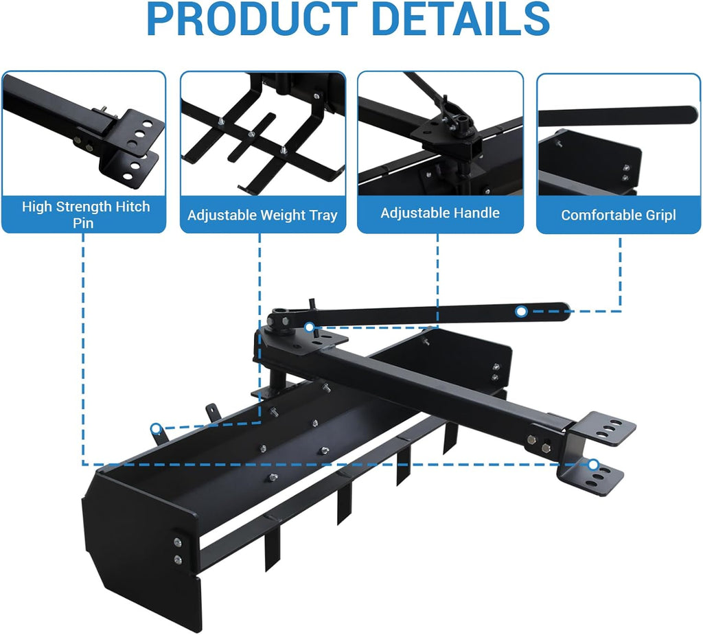 42 Inch Tow Behind Box Scraper, Adjustable 30° Blade Angle, Universal Hitch for Lawn Tractor, ATV, UTV, Heavy Duty