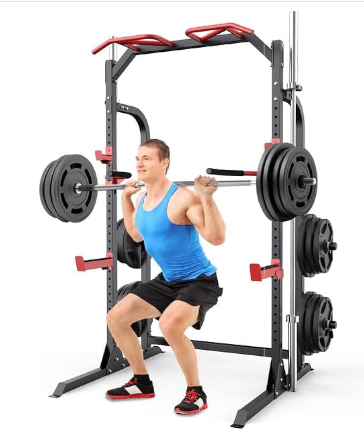 Power Cage Squat Rack, Power Rack with Pulley System, Adjustable Cable Crossover System, J-Hooks, Dip Handles, Weight