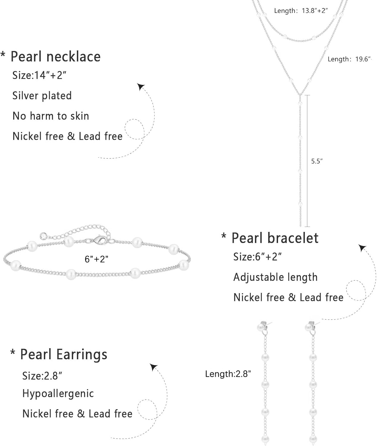 Gold Jewelry Set for Women - Dainty 14K Gold/Silver Plated Pearl Choker Necklace, Drop Earrings & Bracelets - Wedding