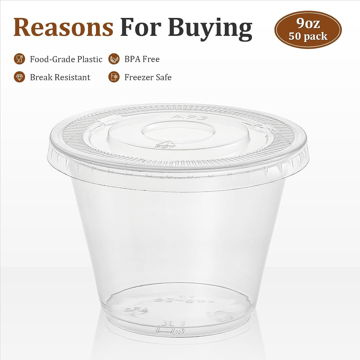 [50 Sets, 9 oz Clear Plastic Cups With Flat Lids No Hole, Disposable Cups With Lids for Ice Cream, Pudding, Cake