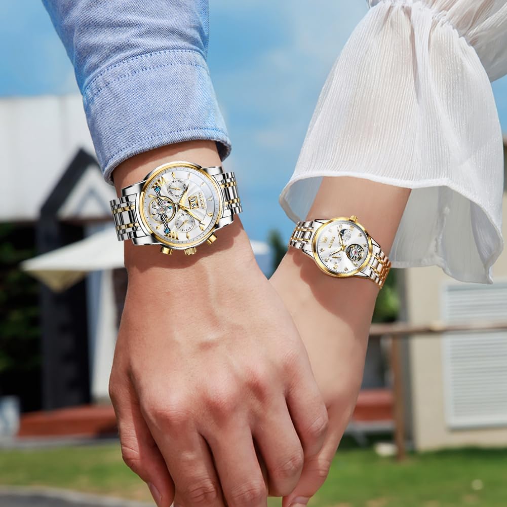 Couple Pair Watches Set Automatic Mechanical Self Winding Dress Matching Watch for His and Hers Valentines Day Gifts