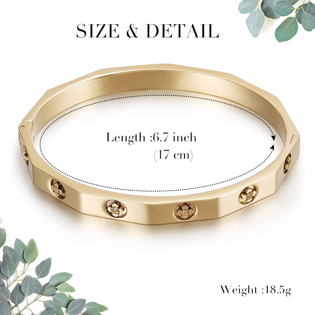 14K Gold Filled Floral Engraved Bangle Bracelet for Women, Charm Bracelet With Cubic Zirconia, 2.2” Inner Diameter