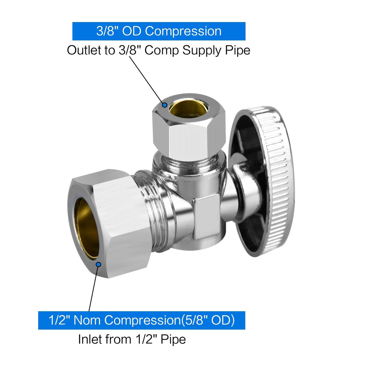 Angle Stop Valve, 1/2" Nominal (5/8" OD Comp.) Angle × 3/8" OD Compression
