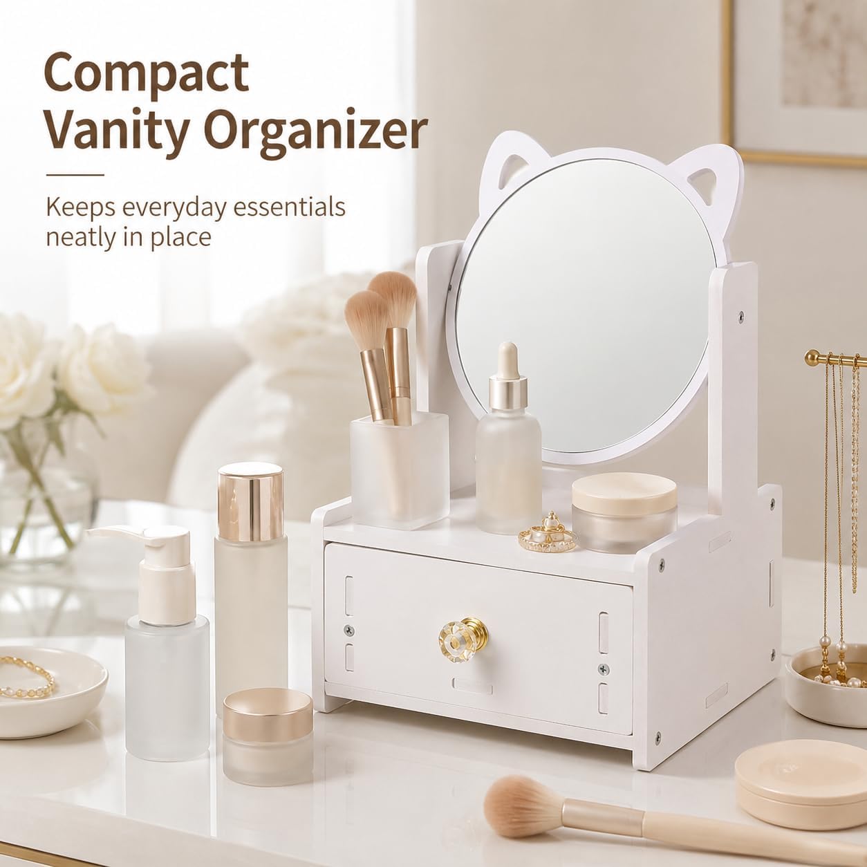 Desktop Makeup Mirror Organizer with Drawers, Compact Vanity Storage Box, Round Mirror, Cosmetic, Skincare and Jewelry