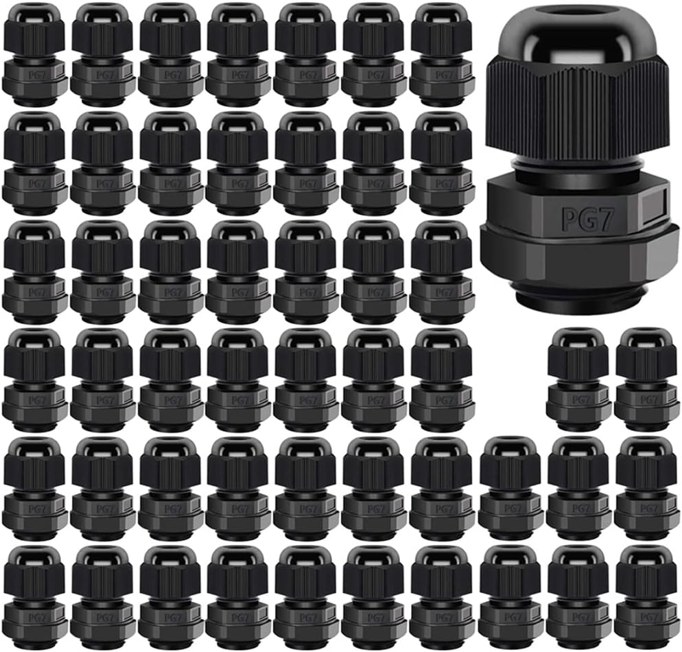 Gebildet Cable Gland, PG7 Plastic Waterproof Adjustable 3-6.5mm Cable Gland Joint with Gaskets, M12 × 1.5 Wire Connector, Wire Protector (Pack of 50, Black)