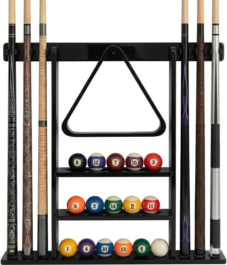Pool Stick Holder Wall Mounted Pool Cue RackSolid Wood Billiard Stick Holder with Accessory Shelf, Heavy Duty Game