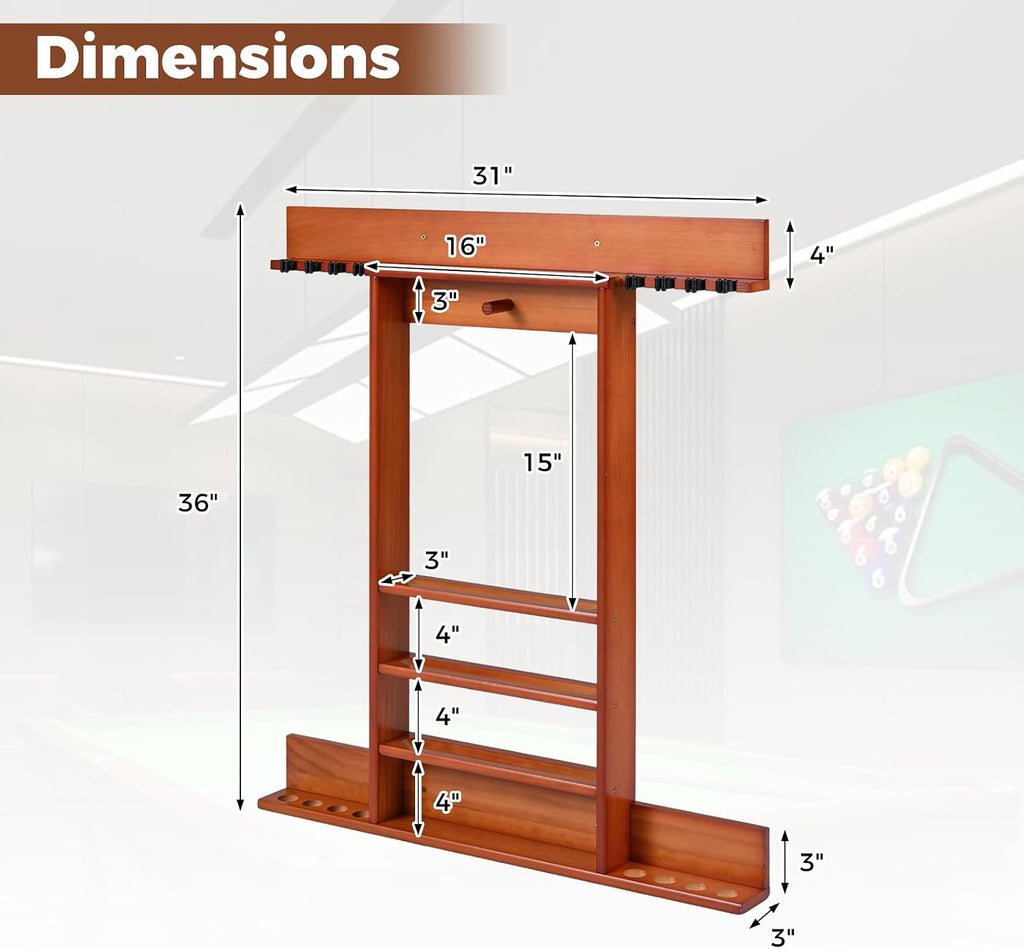 Pool Cue Rack, Wall Mounted Billiard Stick Holder, Made of Solid Pine Wood, Holds 8 Cues & Full Ball Set & 1 Ball