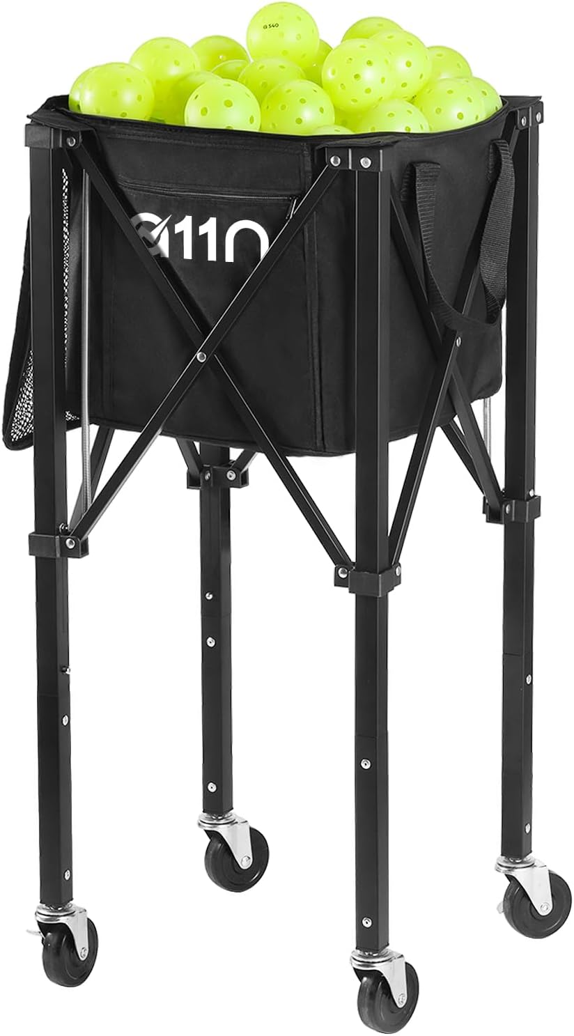 Pickleball & Tennis Ball Hopper with Wheels, Foldable Cart