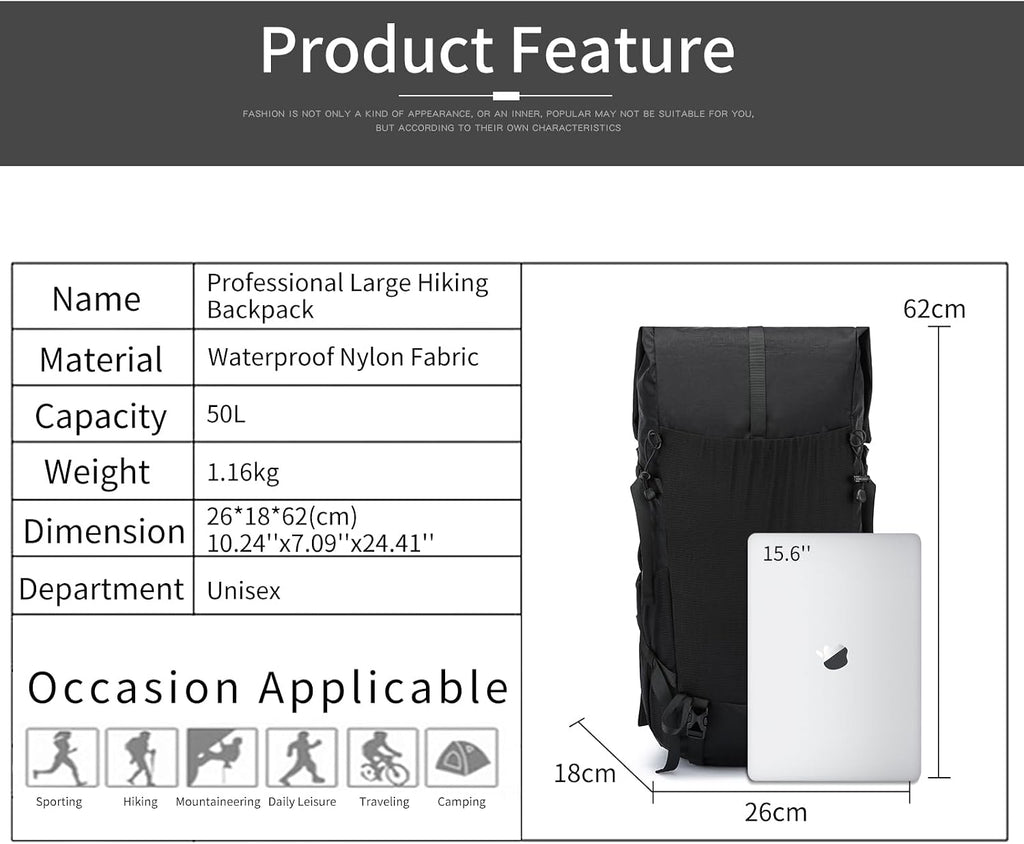 Hiking Backpack,40L to 50L Extra Large Capacity Hiking Bag,Internal Frame Camping Backpack,Upgraded X-PAC Lightweight