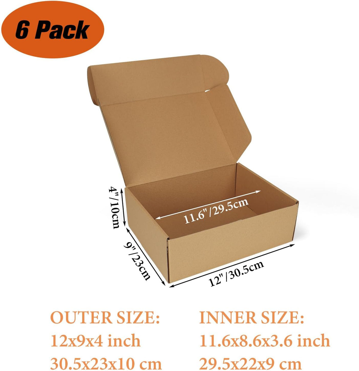 6 Pack 12x9x4 inch Cardboard Shipping Boxes, Brown Gift Boxes