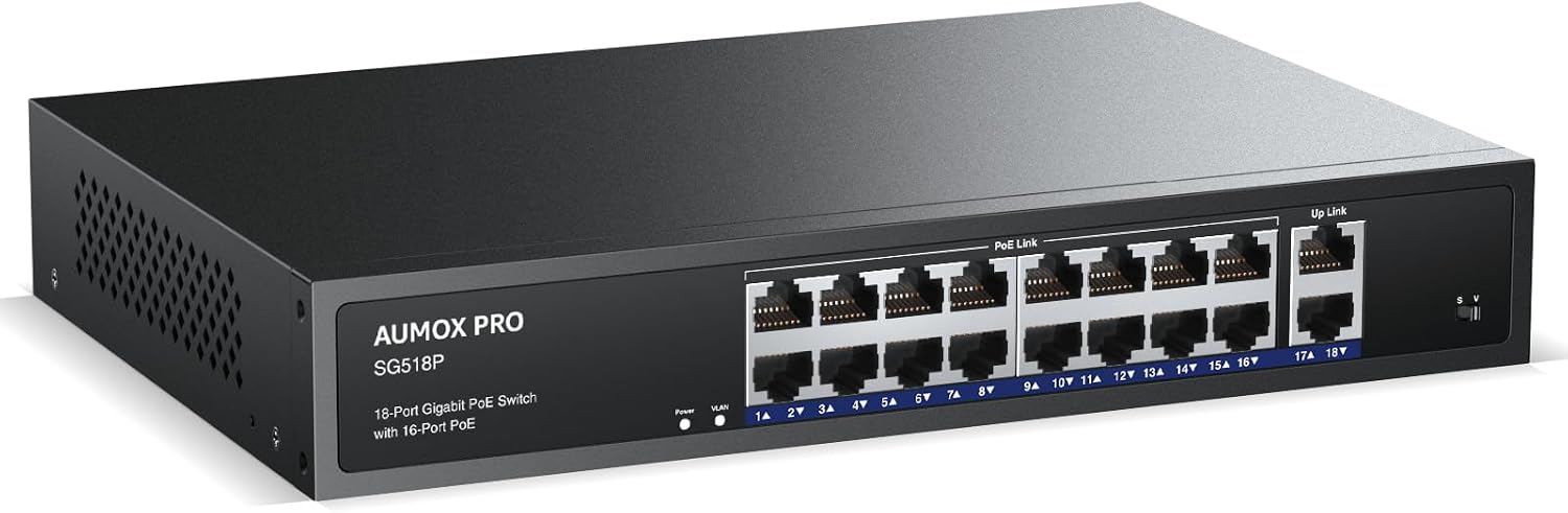 18 Port Gigabit PoE Switch 250W 16PoE 2 Uplink Rack Mount VLAN | Unmanaged IEEE 802.3af/at Built-in Fan Metal