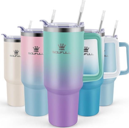 40 oz Tumbler with Handle and Straw Lid, 100% Leak-proof, GreenPurple | Stainless Steel Insulated Travel Coffee Cup